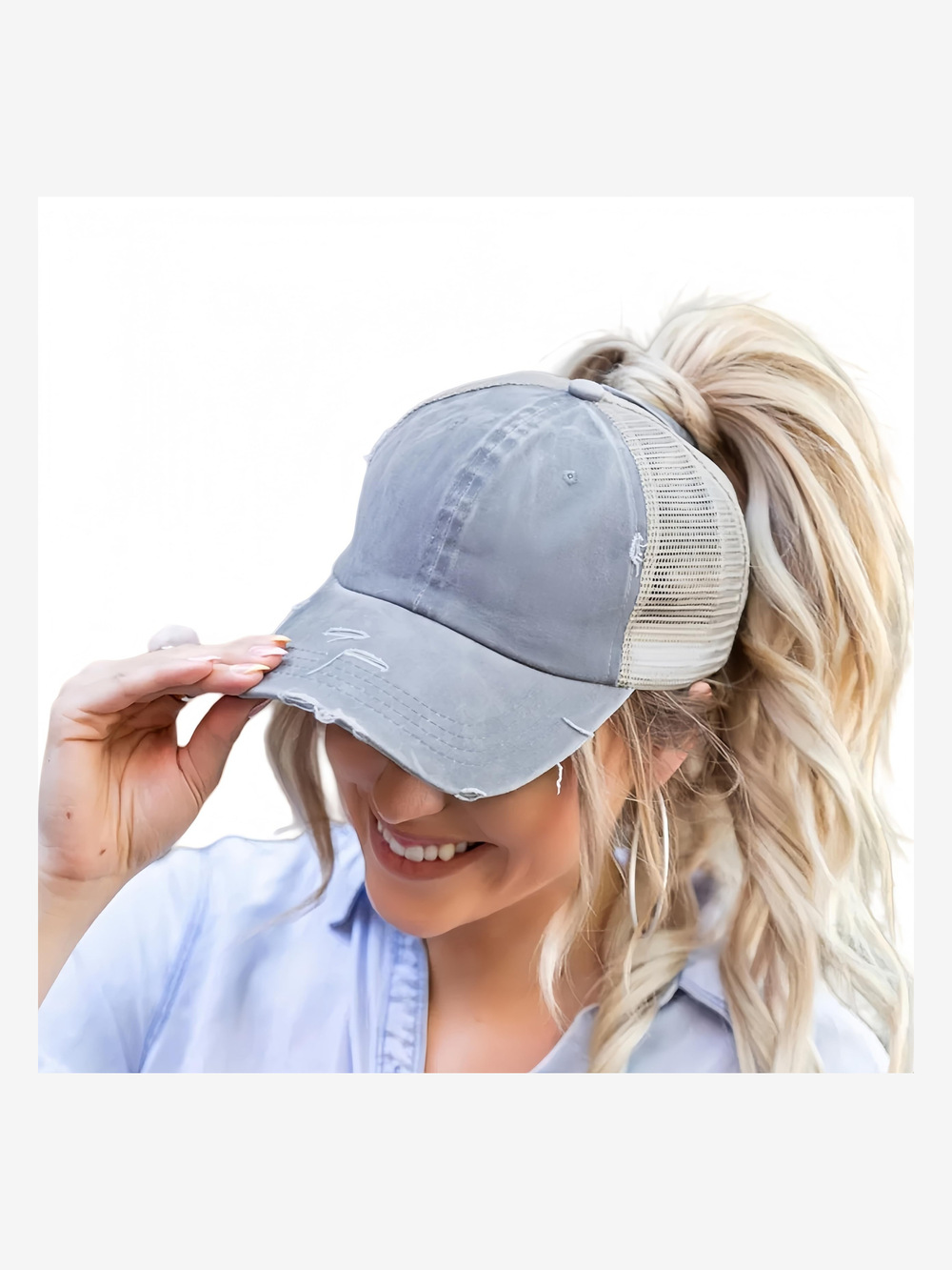Womens High Ponytail Messy Bun Baseball Caps Distressed | Light Gray | Size OS